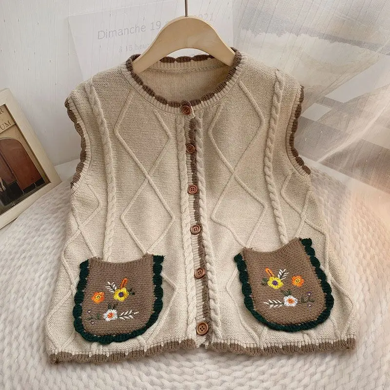 Spring Autumn New Korean All-match Embroidered Pocket Knitting Loose O-neck Sleeveless Sweater Vest Femme Prairie Chic Top Tee