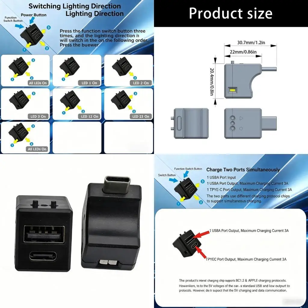 Double Interfaces USB A And C Charging Port With Color Changing LED Car Light 83CF