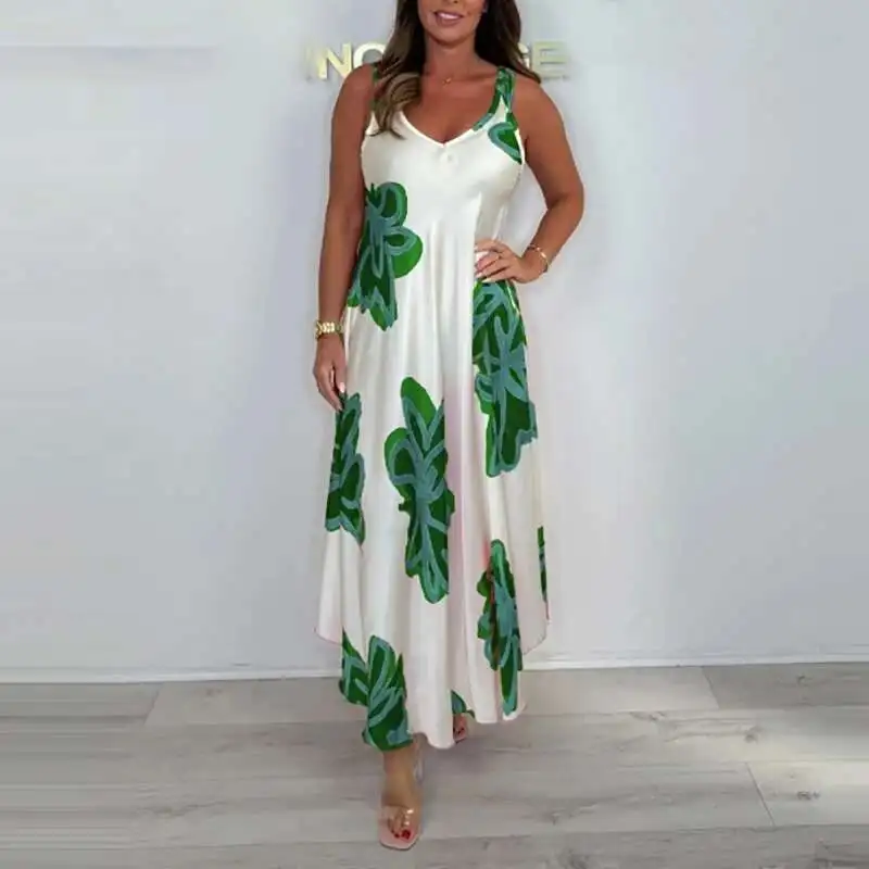 

Retro Lady V Neck Hollow Sleeveless Commuting Casual Summer Printed Pocket Long Fashion Beach Bohemian Dress Vestido