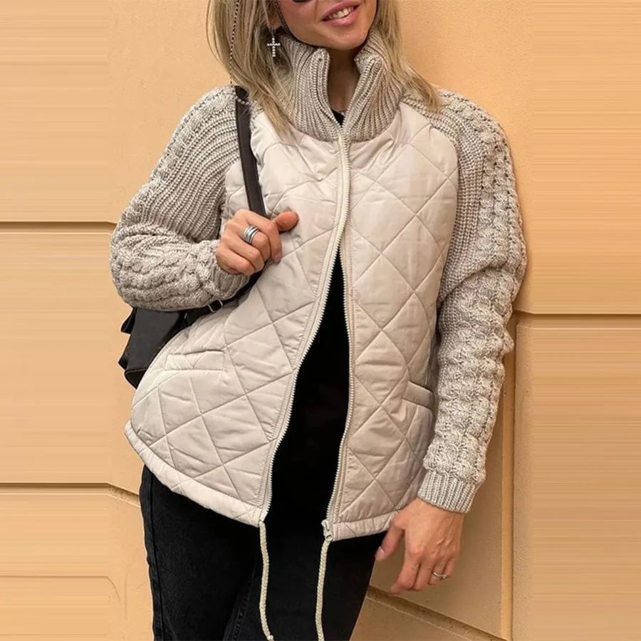 

Patchwork Parka Women Zipper Parkas Jacket Outerwear Casual Spliced Slight Strech Winter Warm Pockets Draw String Loose 2025