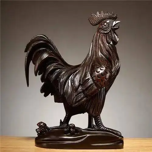 Large Red Sandalwood Carved Rooster Ornament Wooden Chinese Zodiac Animal Figurine for TV Cabinet Home Decor Crafts Gifts