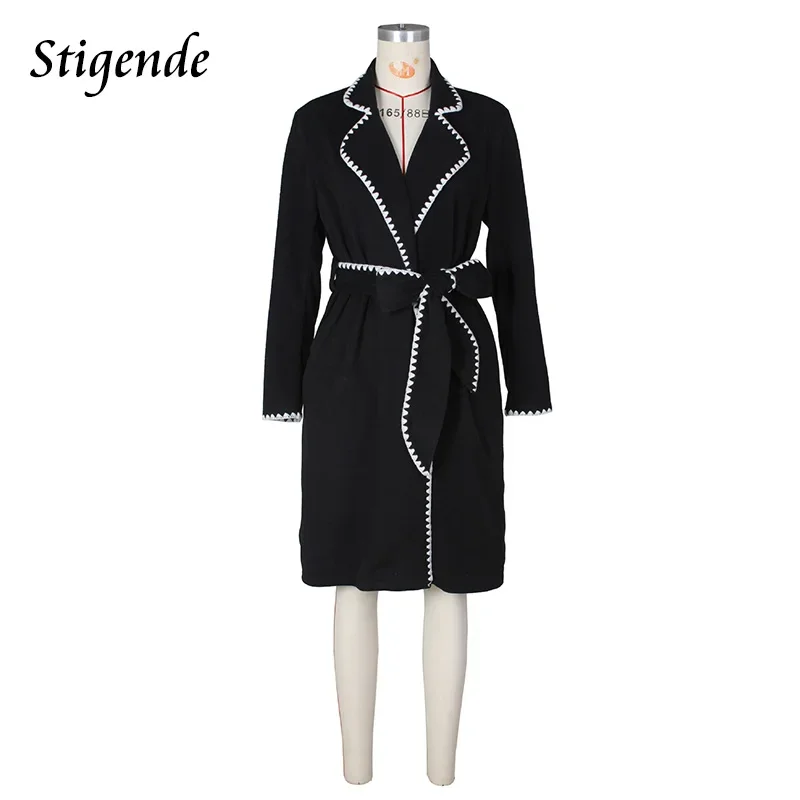 Stigende Women Patchwork Bandage Overcoat Jacket Notched Collar Long Wrap Coat Stitch Edging Loose Turn Down Collar Trench Coat