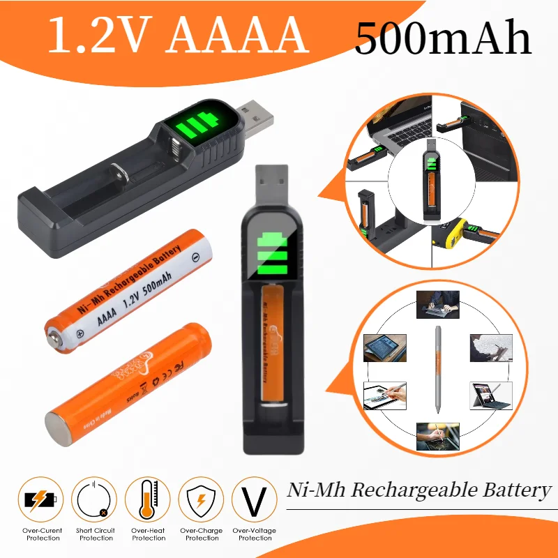 

AAAA Ni-MH Rechargeable Battery 1.2V for Surface Pen/Bluetooth Earphone/Toys, USB Charger for AA AAA AAAA N-Size