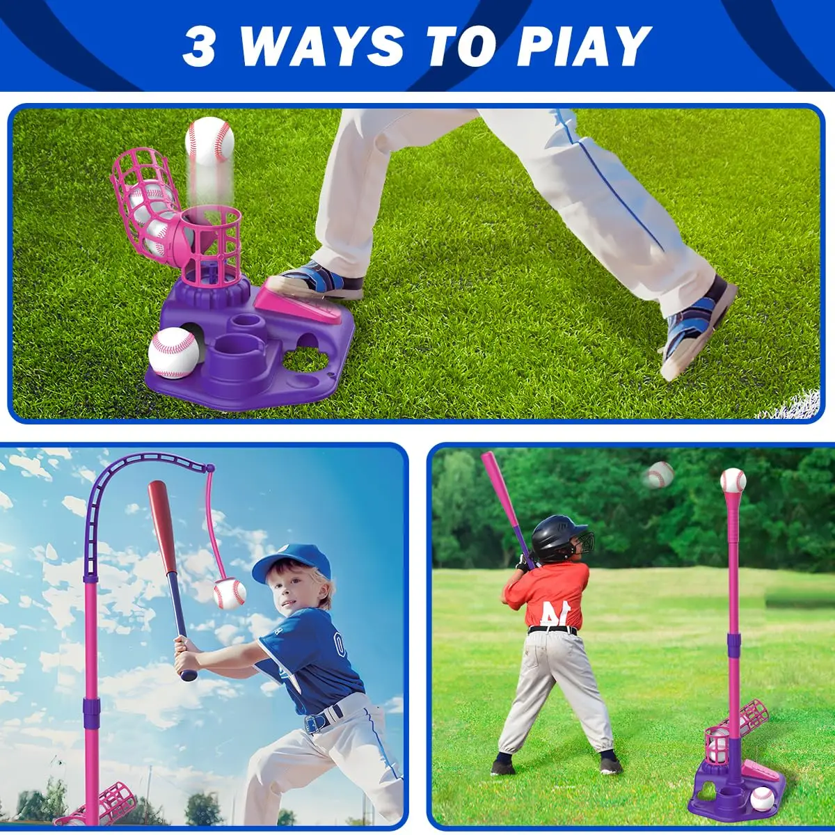 VATOS Hang T Ball Sets-3 IN 1 Teeball Toy Sets with Fixed & Ejection Baseball Batting Tee Adjustable Height Tee Gifts for Kids