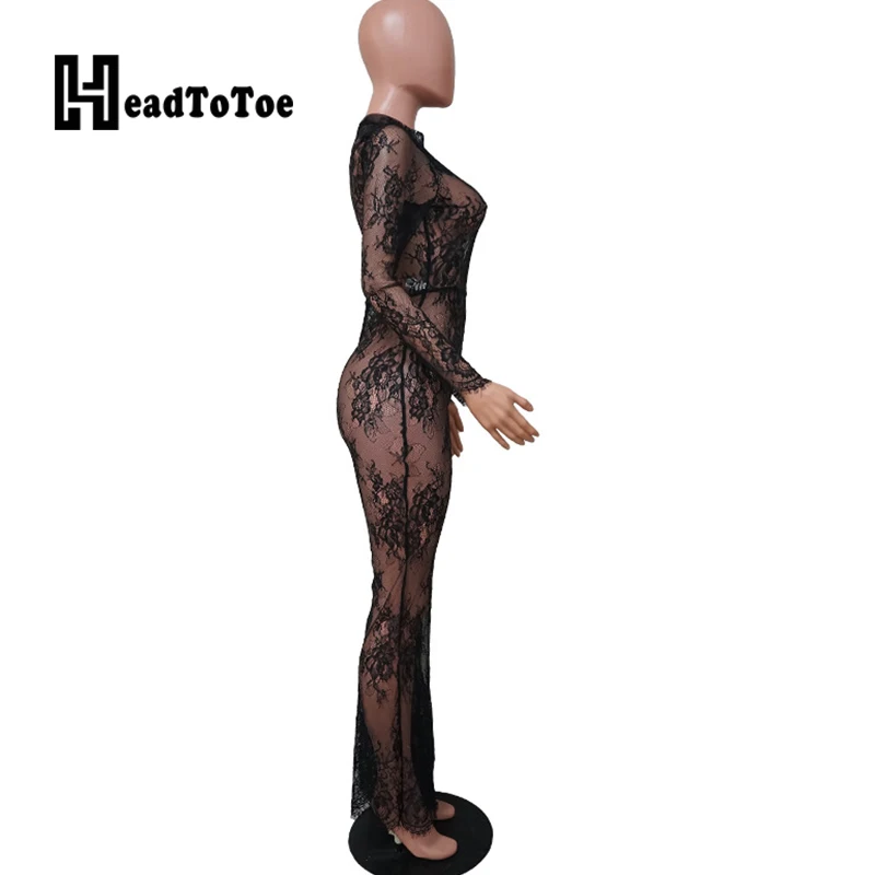 Sexy See Through Hallow Out Lace Jumpsuit Women Long Sleeve Skinny Party Club One Piece Jumpsuits