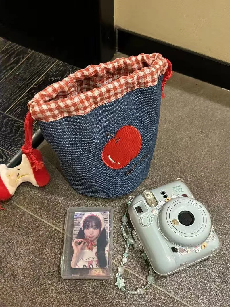 Portable makeup bag, Polaroid camera storage bag, denim Apple drawstring bag, Korean-style ins-style drawstring pouch