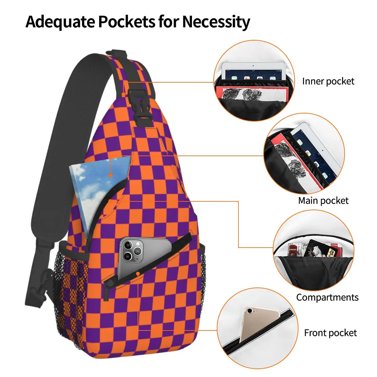 Orange And Purple Checkerboard Crossbody Sling Bags SmallChest Bag Shoulder Backpack Daypack for Hiking Travel Cycling Pack