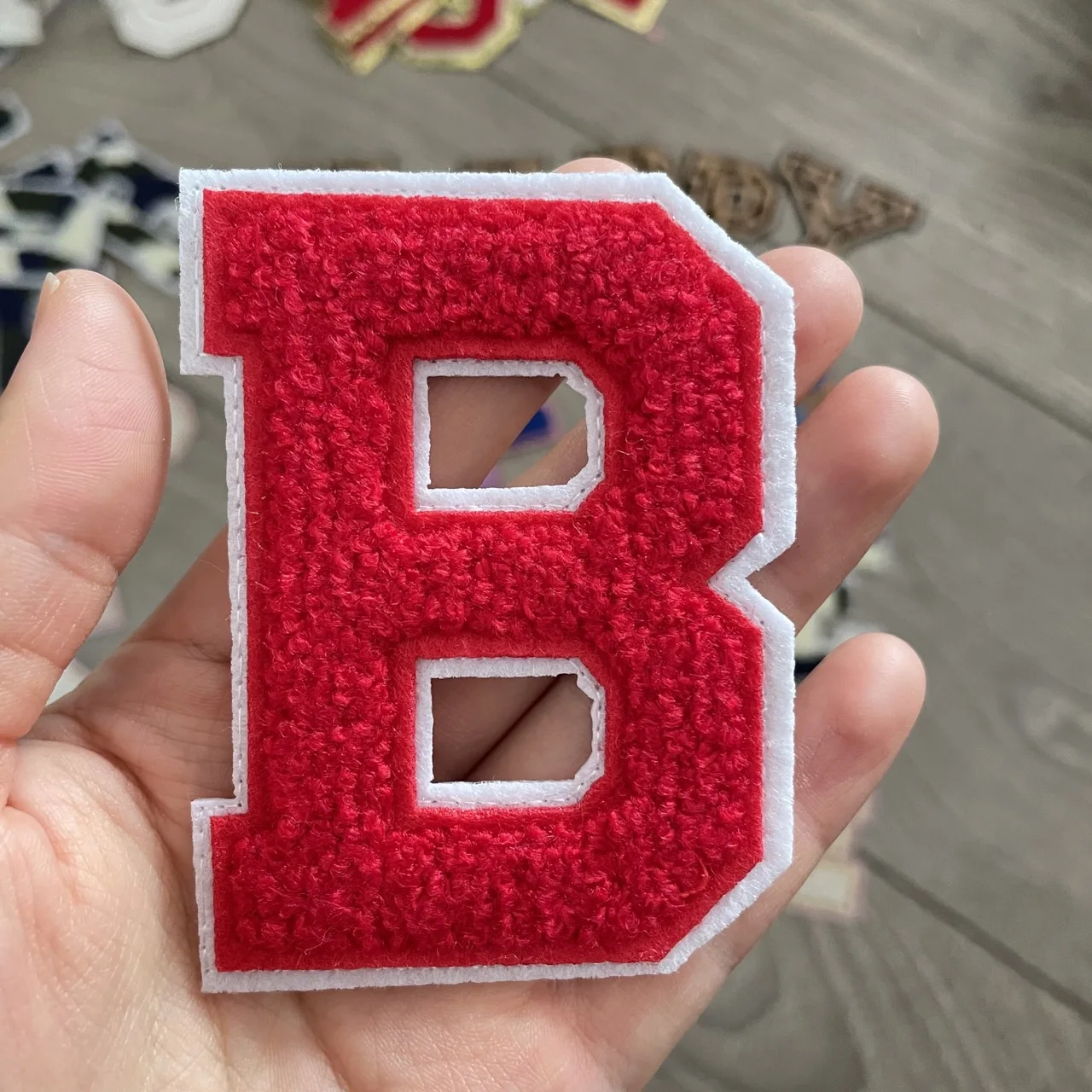8cm Red Chenille Letter Patches Iron on For Clothing Towel Embroidered Felt Alphabet Heat Adhesive DIY Accessories Bulk ABC DEFG