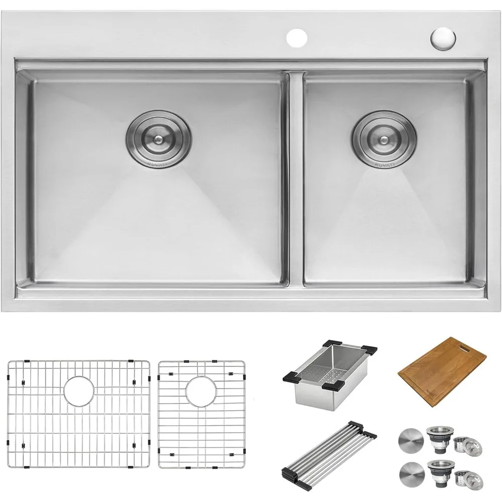 Workstation Drop-in Double Bowl Topmount Tight Radius 16 Gauge Stainless Steel Ledge Kitchen Sink