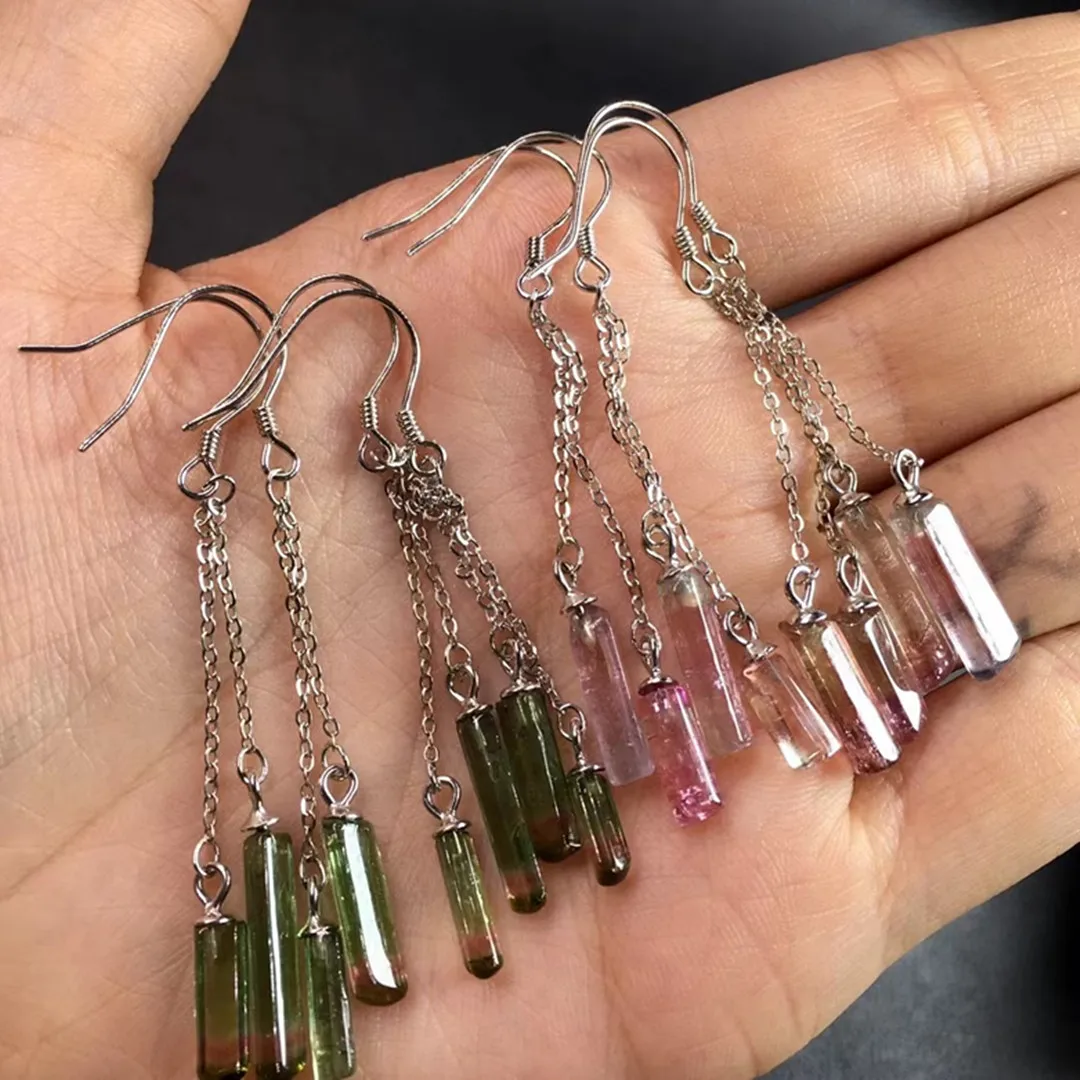 1 Pair Fengbaowu Natural Rough Tourmaline Column Pillar Earring 925 Sterling Silver Crystal Healing Stone Fashion Jewelry Gift