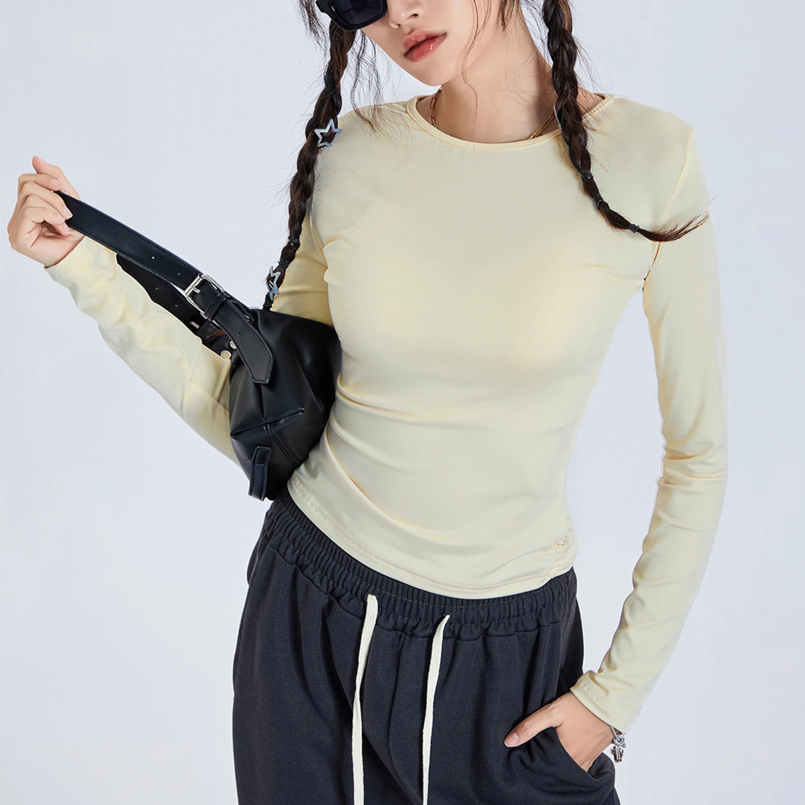 Women's Solid Color T-shirt Round Neck Long Sleeve Show Navel Blouse Spring Summer Casual Slim Cropped Tops