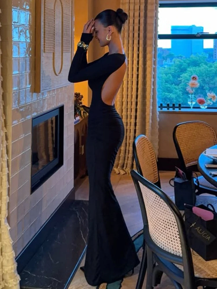 FDYOUI Sexy Aushöhlen Rückenfreies Schwarzes Kleid Party Outfit Frauen Elegante Volle Hülse Bodycon Cut Out Schlanke Lange Abendkleider