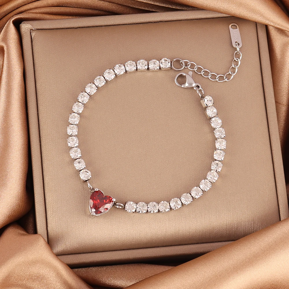 316L Stainless Steel Zircon Heart Pendant Bracelet For Women Crystal Zircon Tennis Chain Bracelets Color Jewelry