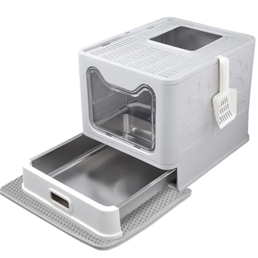 

Enclosed Cat Litter Box with Lid Top Exit Covered Metal Stainless Steel Litter Box Leak Proof and Odorless Easy to Clean Includ