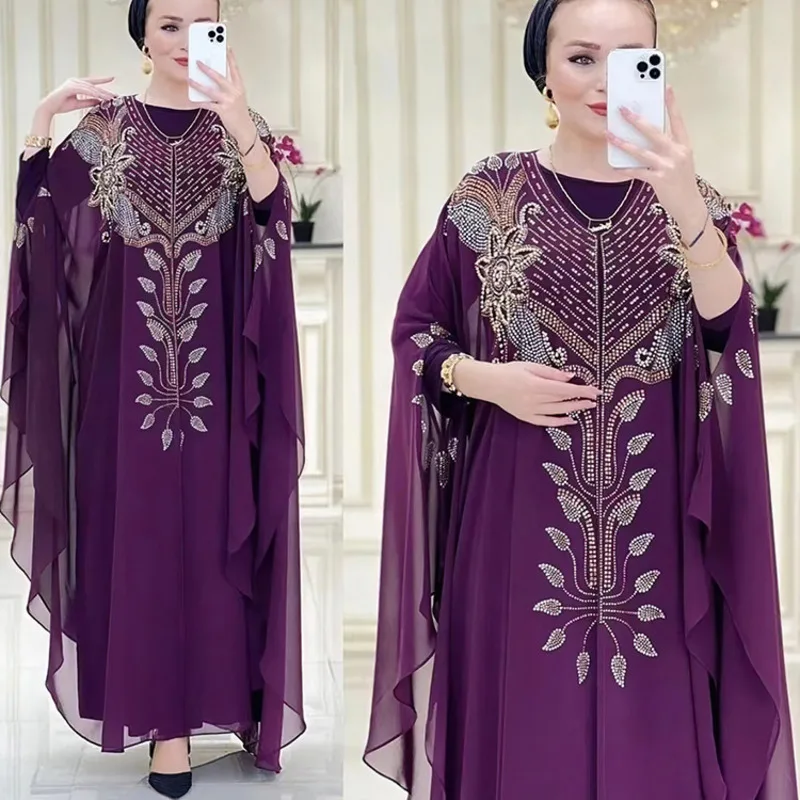 Muslim Women's Fashionable Solid Color Heavy Industry Hot Pressed Diamond Loose Casual Bat Sleeve Long Robe Skirt Chiffon Dress