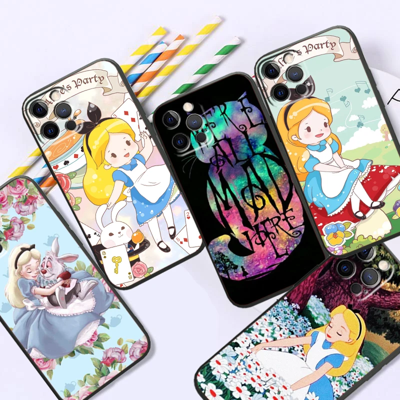 Disney Alice In Wonderland For iPhone 15 14 13 12 11 XS XR X 8 7 SE Pro Max Plus Mini Black Back Phone Case