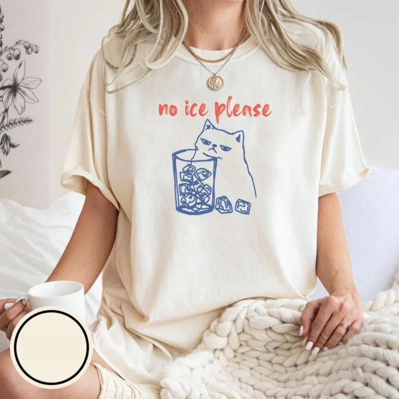 Women No Ice Please Grumpy Cat Graphic T‑Shirt Funny Cat Ice Cup Print Short Sleeve Tee Cute Humor Casual Loose Top