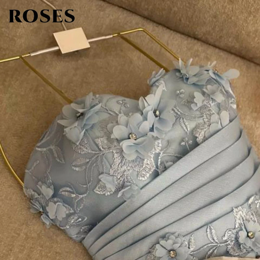 

ROSES Blue Satin Prom Dresses Sweetheart Gala Dress Sexy Appliques Saudi Arabic Evening Sleeveless A-Line Party Gown Customized