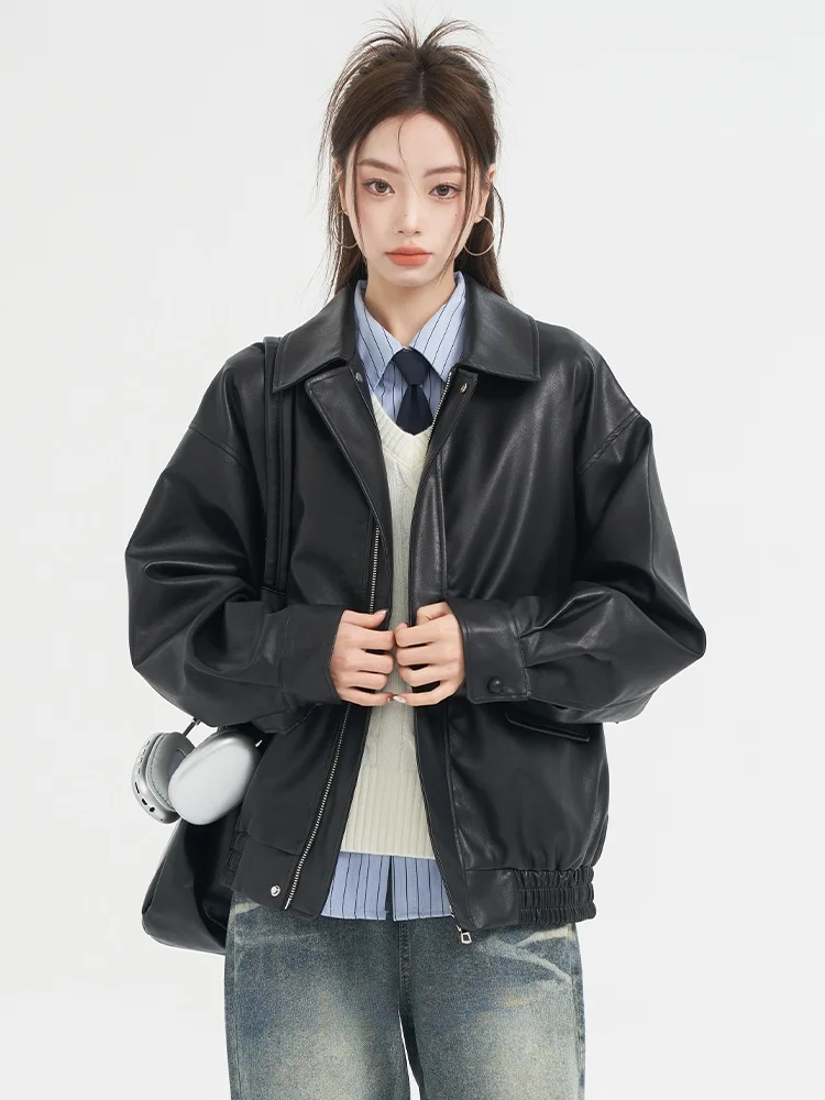 Bla americano sle ort couro jaet feminino início do outono 2025 nova motocicleta quente jaet conjunto topo doce sle longo sve