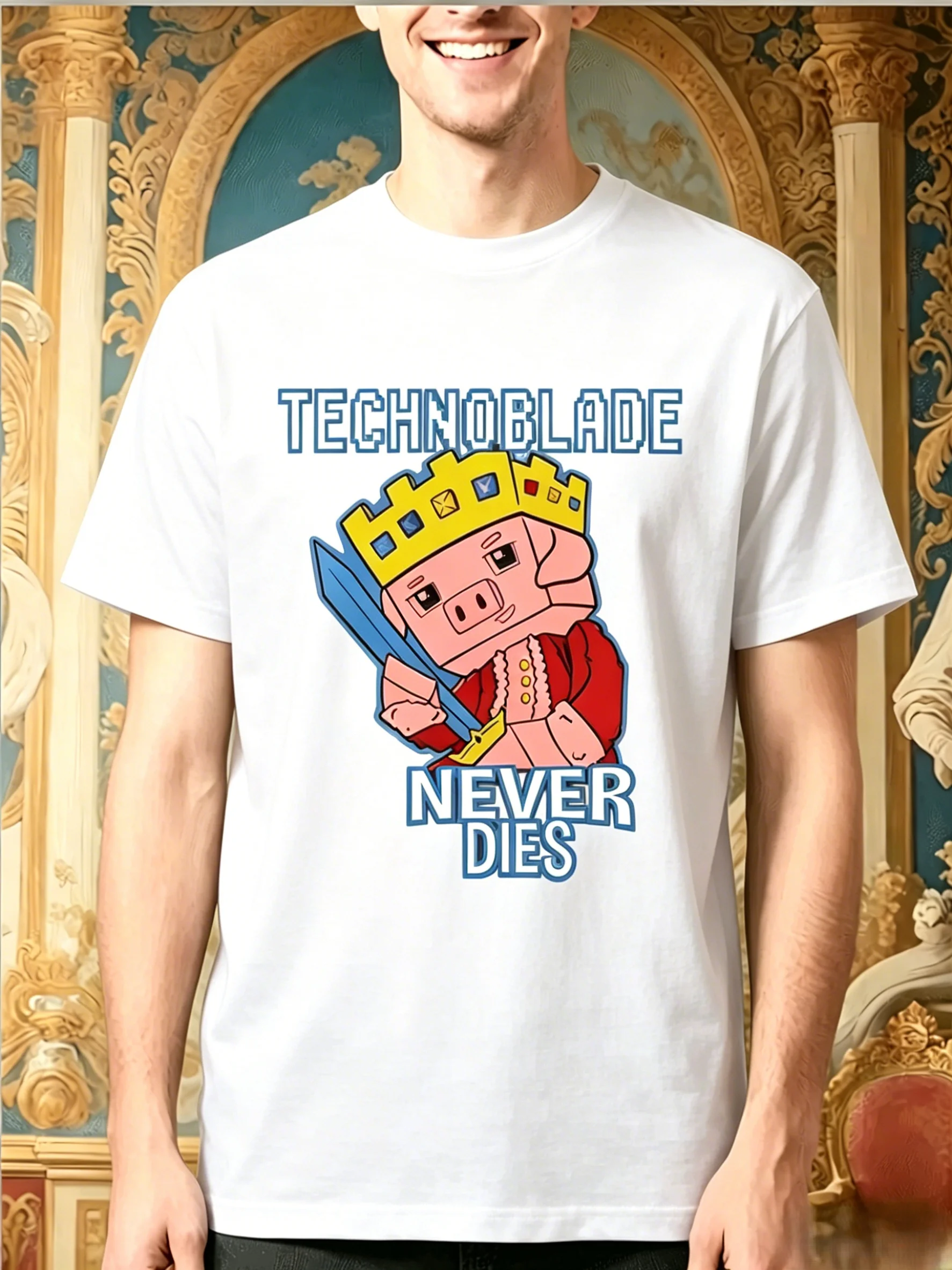 Men Cotton Tee Technoblade Game Graphic Short Sleeve Crew Neck Casual Street T Shirt For Gaming Fans Summer Daily Tops