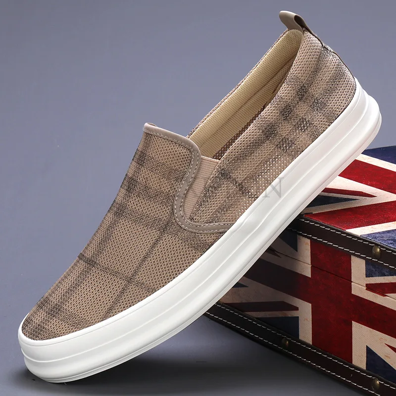 Green Plaid Canvas Sneakers for Men Designer Vulcanized Shoes Casual Breathable Low-top Slip-on Flat Shoes Zapatillas De  Hombre