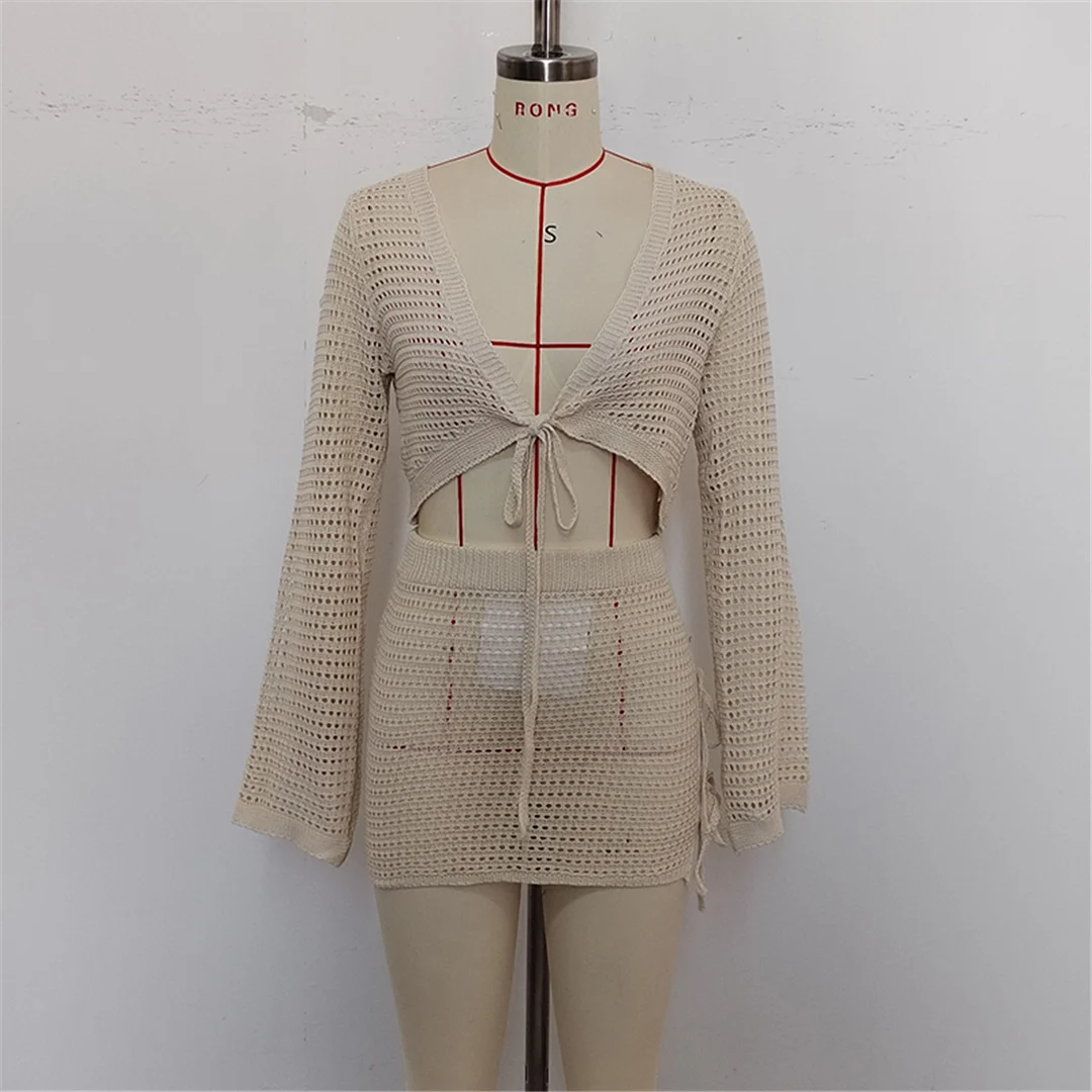 V-Ausschnitt, lange Ärmel, gehäkeltes Strickmuster, zweiteiliger Anzug, Strandkleid, Strandüberwurf, Strandmode, Damen, V6490 – Detail 17