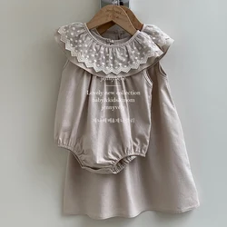 2024 New Summer Korean Style Kids Princess Dresses Sleeveless Cotton Lace Splicing Baby Girl Party Dress Infant Baby Romper