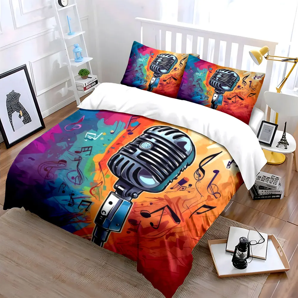 Vintage Microphone Art Set Multiple sizes kid's and adults' bedroom Exquisite 3PC bedding set, gift