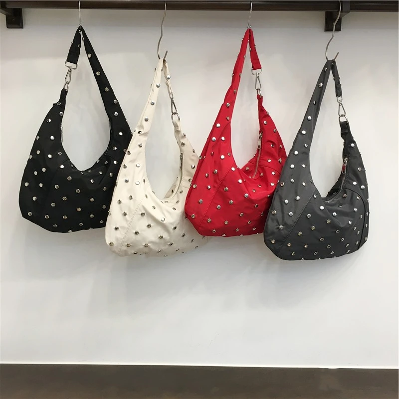 

Punk Style Rivet Design Nylon Underarm Bags for Women Solid Color Casual Shoulder Tote Bag Spicy Girl Fashion Handbags