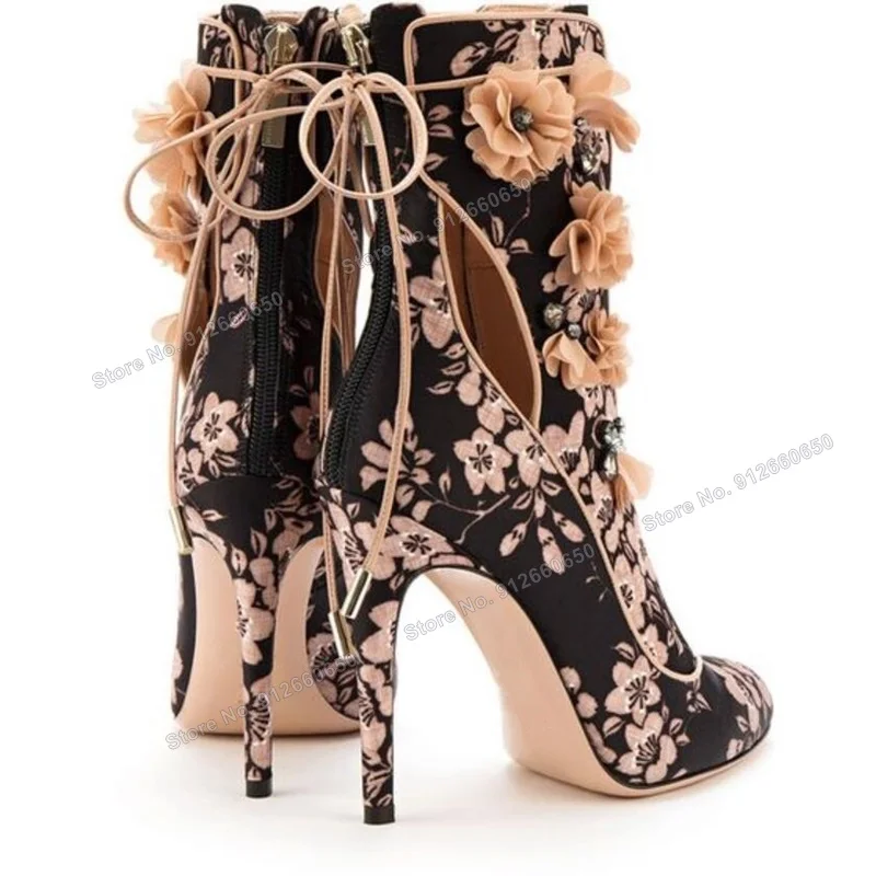 Moraima Back Zipper Lace Up Flower Decor Boots for Women Black Blue Mixed Color Fashion Runway Shoes Wedding Shoes on Heels