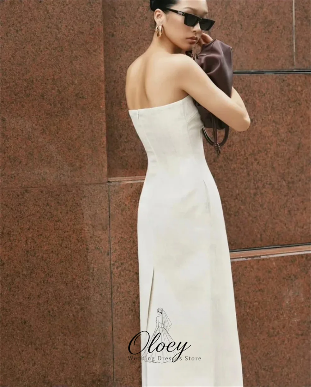 OLOEY Simple Strapless Satin Wedding Dresses For Woman Back Slit Straight Ankle-length Bridal Gown Customized Lawn Wedding