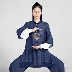 Unisex eleganckie ubrania do sztuk walki Tai Chi Uniform Kung Fu Performance i kostium konkursowy tradycyjny chiński styl niebieski