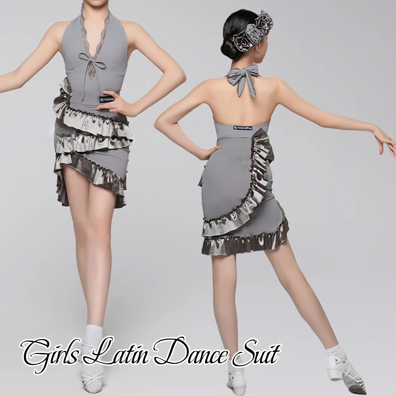 Crianças vestido de dança latina grils sem mangas saia de renda cha-cha samba salão valsa dança moderna palco desempenho traje