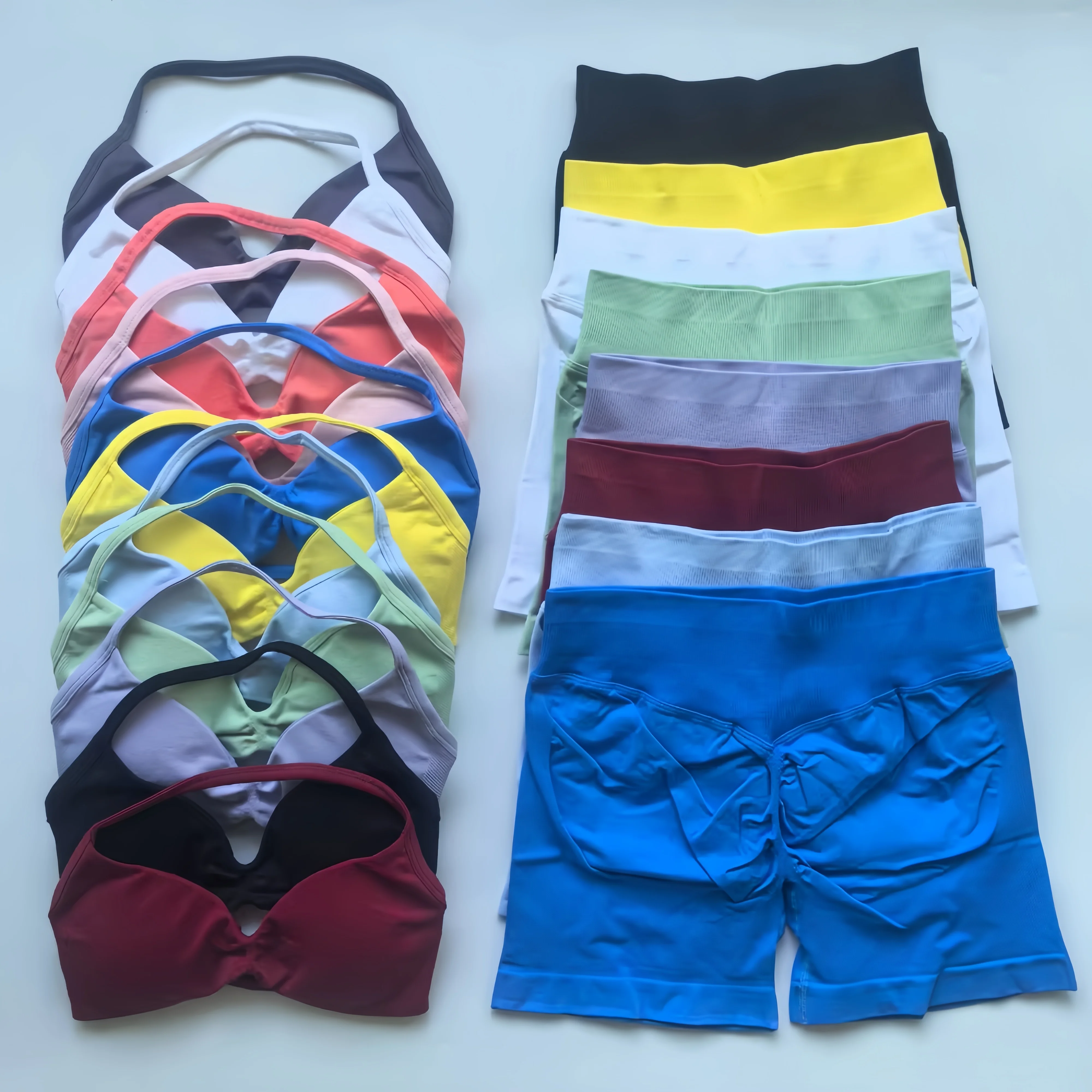 

2 Pieces Gym Set Women Strappy Yoga Bra High Waist Workout Scrunch Shorts Sports Suit Fitness Clothes Seamless Yoga Set