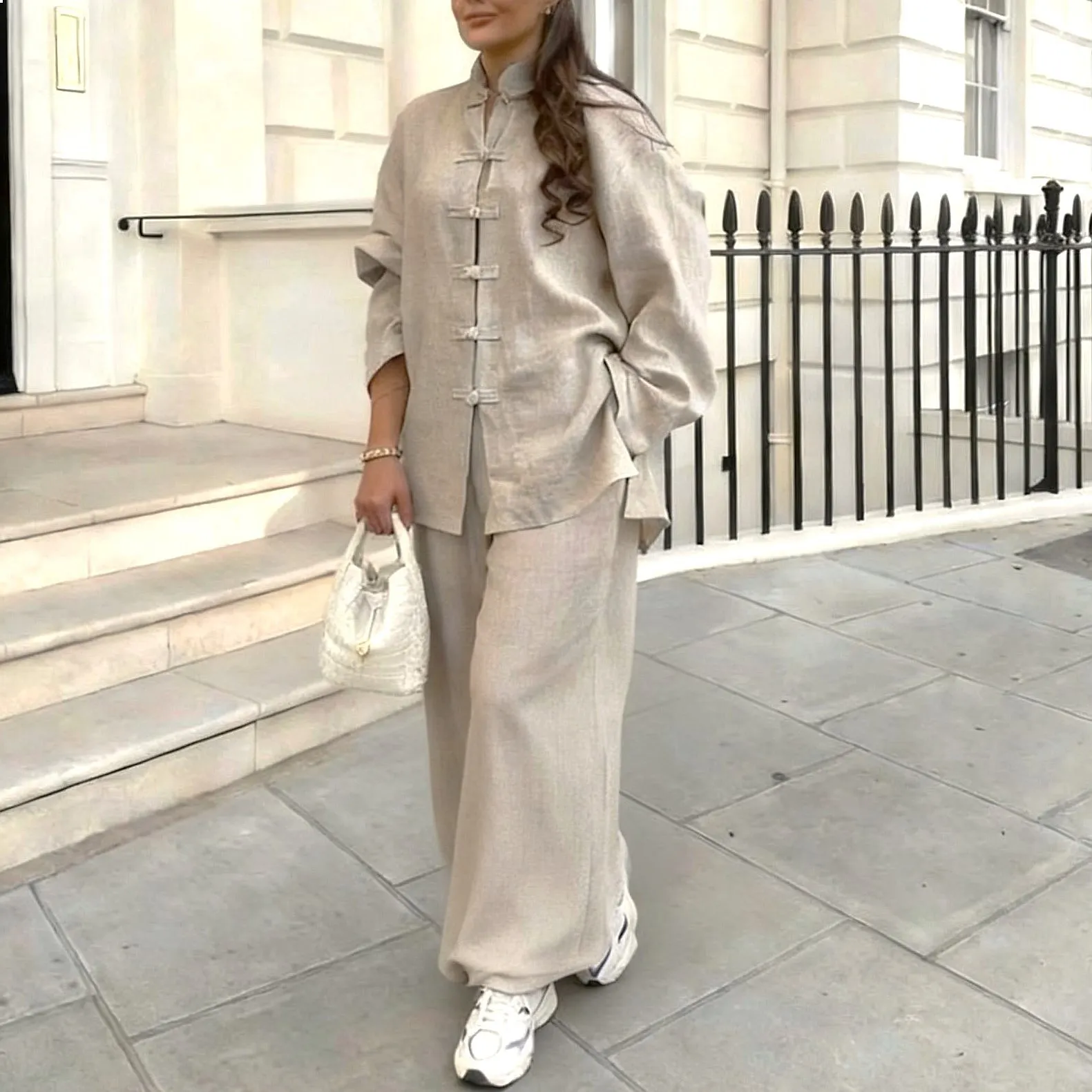 Chinese Style Cotton Linen Loose Shirt Blouse Top with Stand Collar and Wide Leg Pants Matching Set