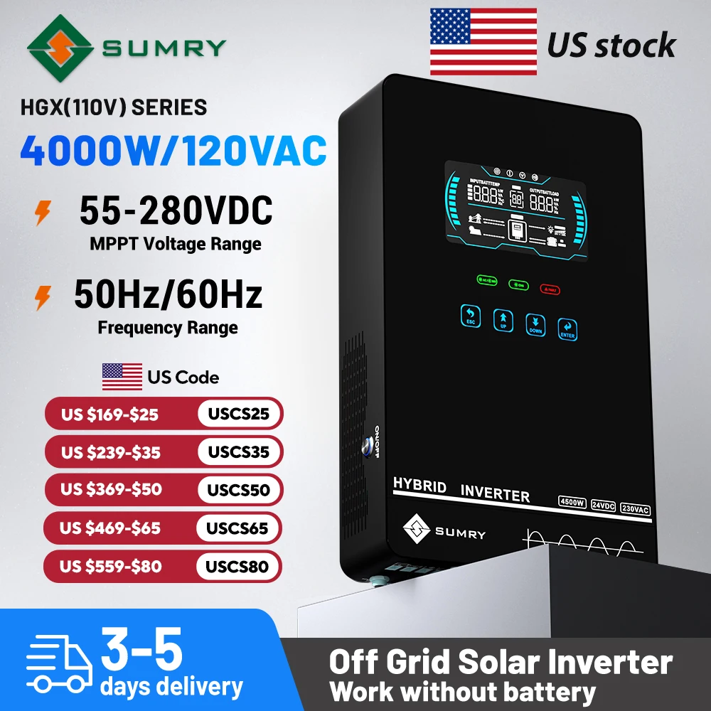Sumry 4000W Off Grid Hybrid Inverter 24V 140A 5600W MPPT Solar Charger Pure Sine Wave Inverter for Home 6.25 Inch LCD Display