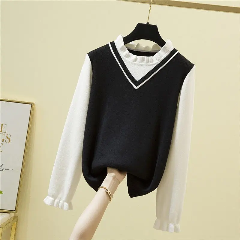 Fashion Stand Collar Ruffles Spliced Fake Two Piece Sweater Women Clothing 2022 Autumn New Loose Casual Pullovers Sweet Tops