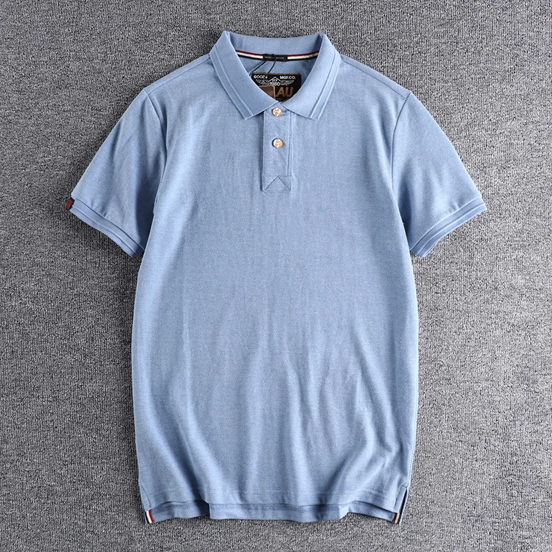 Polo de lapela de algodão masculino, solto, cor sólida, simples, casual, fenda, manga curta, retro, verão