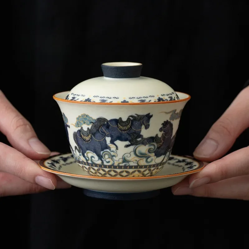 Horse Pattern Rock Mine Bai San Cai Bowl Cover Household Tea Cup Ceramic Retro Kung Fu Tea Ceremony