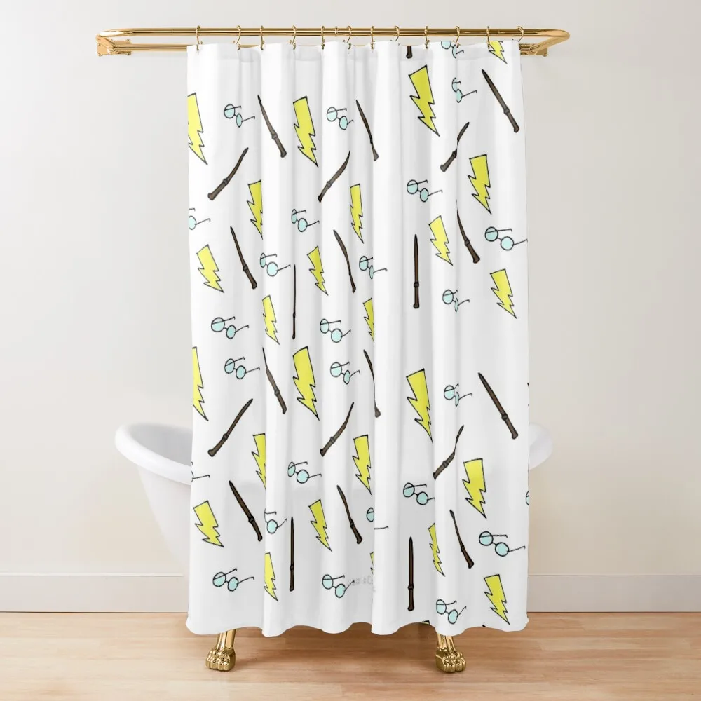 

Lightning, Glasses, Wand, Magic Pattern Shower Curtain For Bathroom Shower Modern Accessory Bathrooms Anime Shower Curtain