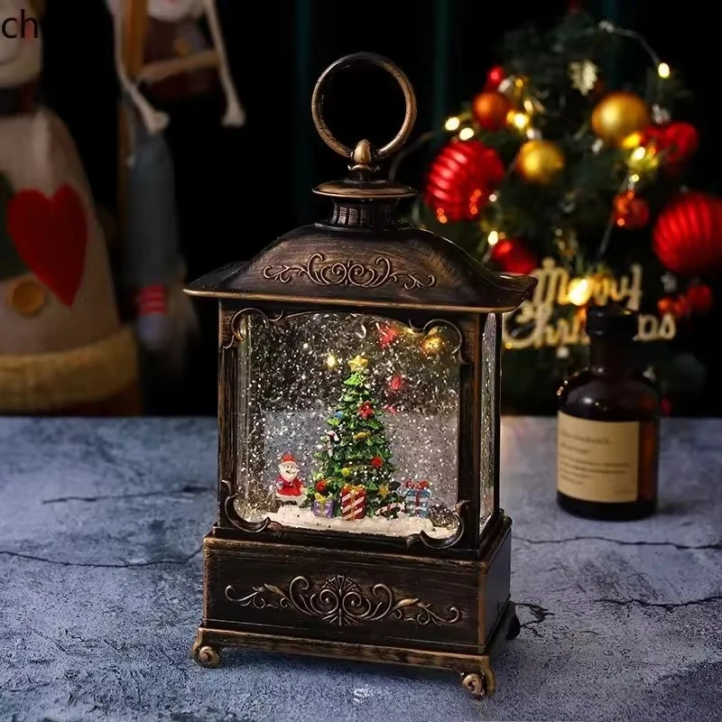 Christmas decorations night light portable small oil lamp snow water filling music box music box flat wind lamp ornament