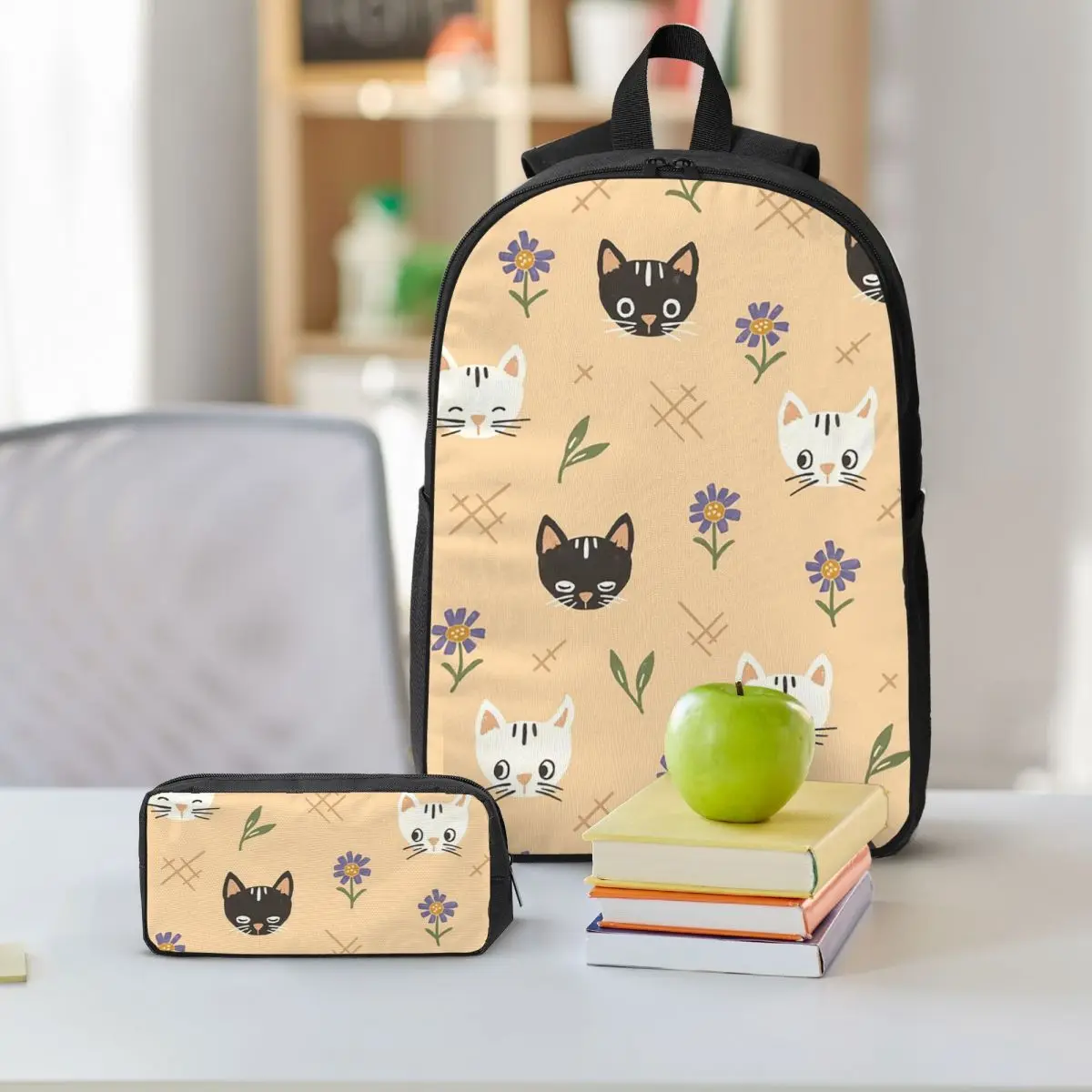 Adorable Colorful Kitten Cat Cartoon Backpack Boys Girls BookBag School Bag Shoulder Bags 3ps Insulated Lunch Bag Pencil Case