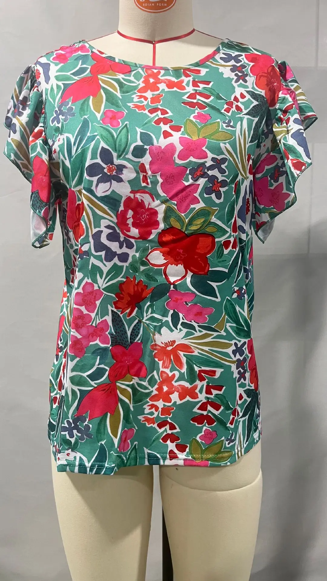 2024 Summer Cross Border New Lotus Leaf Sleeve Printed Top With Bow Design Comfortable, Casual And Fresh T-shirt