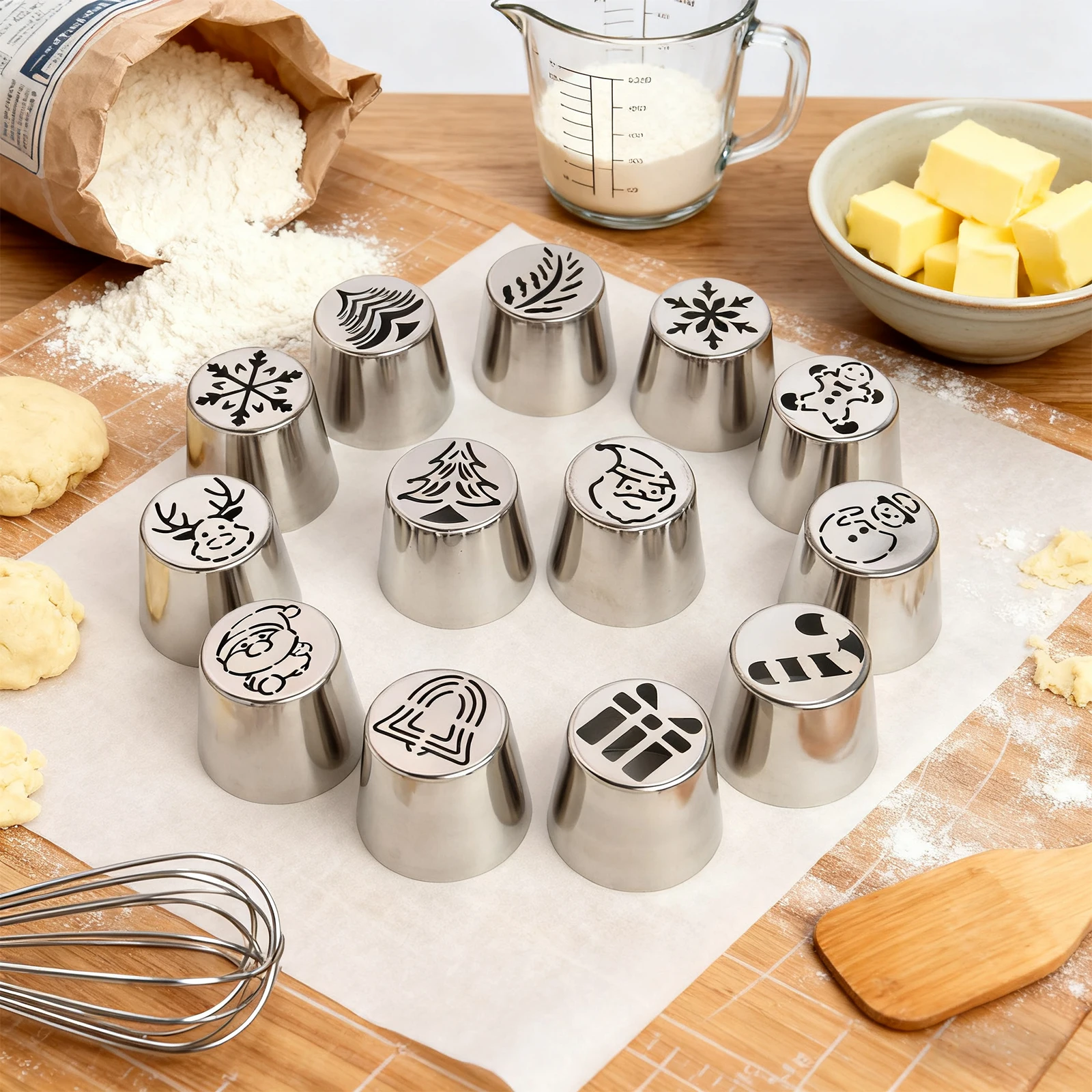 2025 New 13 PCS Extra Large Christmas Theme Icing Piping Nozzles Set with 1 Brush,10 Disposable Pastry Bags&Small Russian Tip
