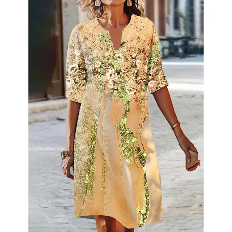20236 Summer Women's New Fashion Casual Positioning Printed Three-quarter Sleeve V-Neck Multi-Color Midi Dress