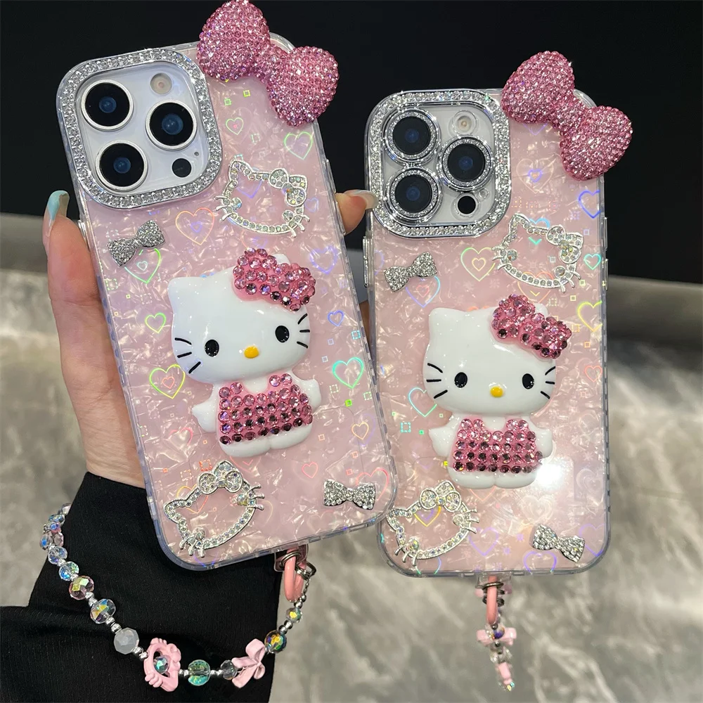 

Fashion shell Sanrio Flash drill Hello Kitty phone case for iPhone 11 12 14 plus 15 13 16 Pro Max cover with hinged cute cover