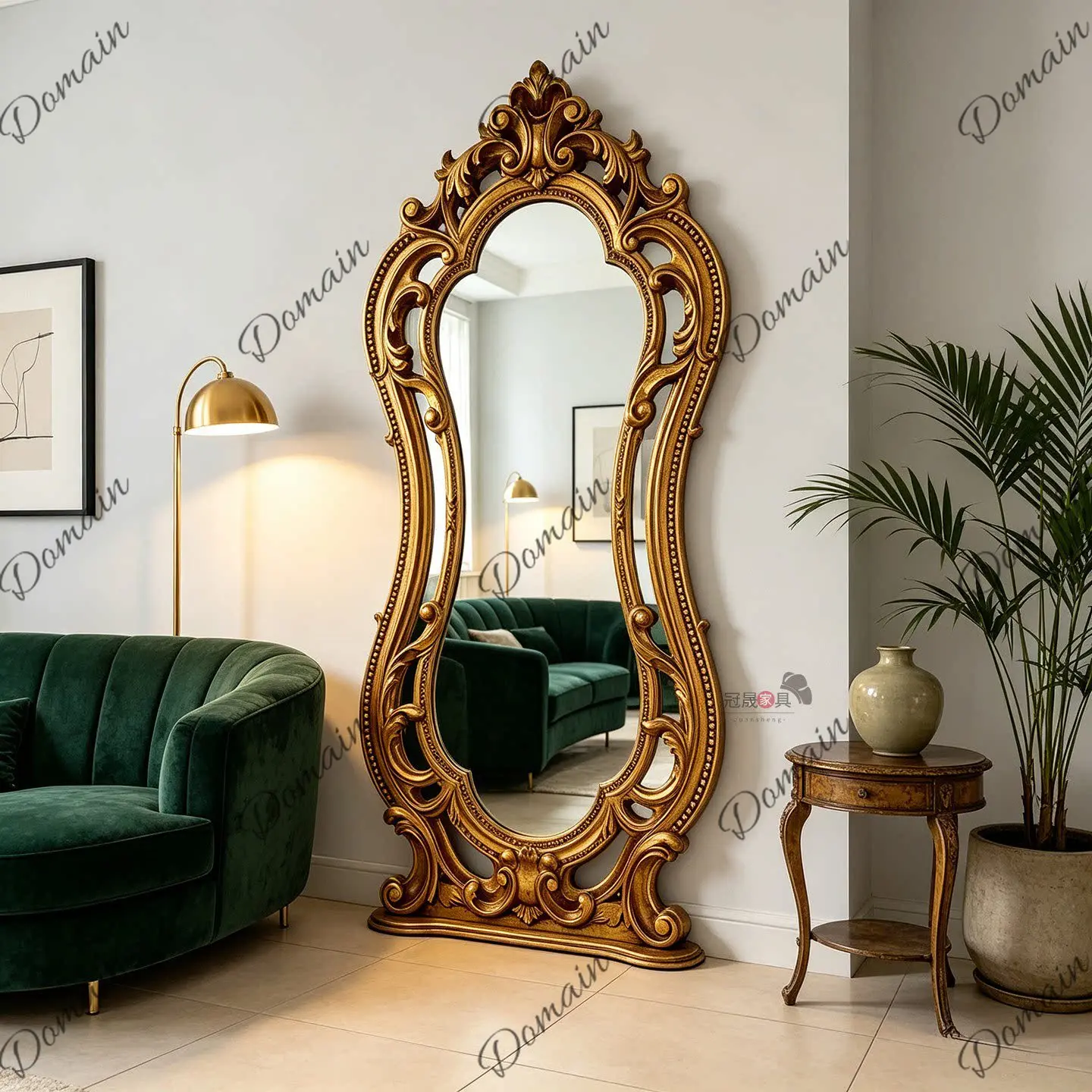 European retro living room floor mirror French home carved special-shaped full-length mirror American full-body mirror
