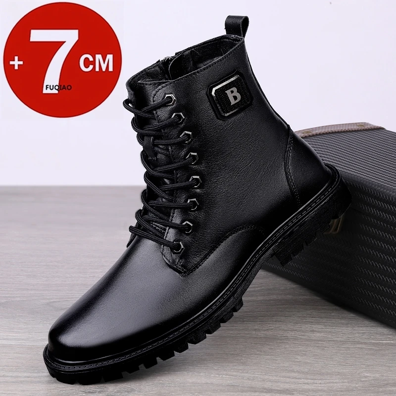 Men's Genuine Leather Elevator Boots Winter Warm Lined Zip Up Ankle Boots 7cm Hidden Height Increase for Business Formal Casual