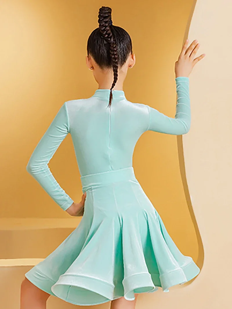 Kids Girls Bright Velvet Long Sleeve Latin Dance Performance Suits Dancewear Children Competition Bodysuit and Big Swing Skirt