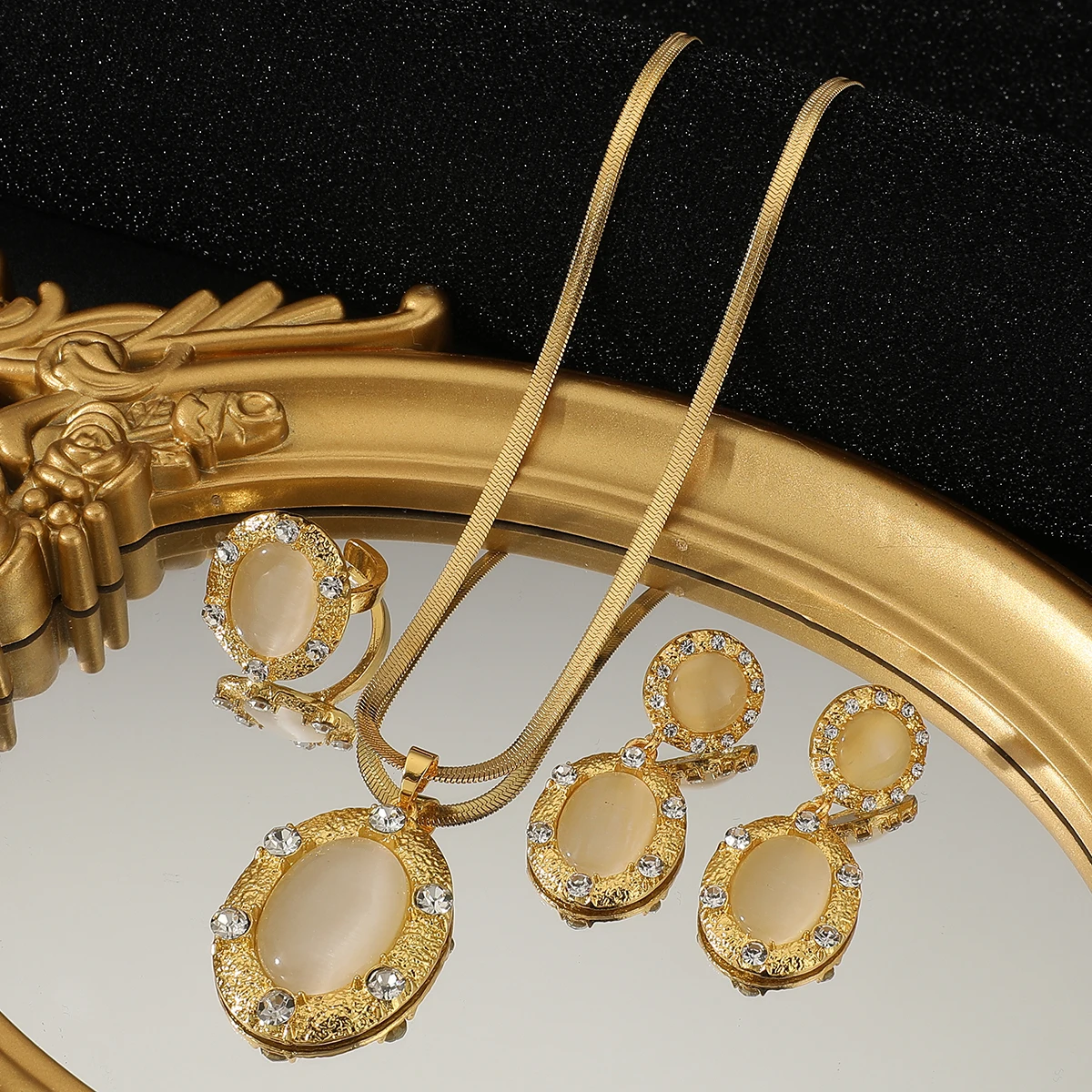 Luxury Women Cat’s Eye New Design Ring+ Necklace +Earrings Zircon micropaved high quality non-fading golden Ladies Jewelry Set
